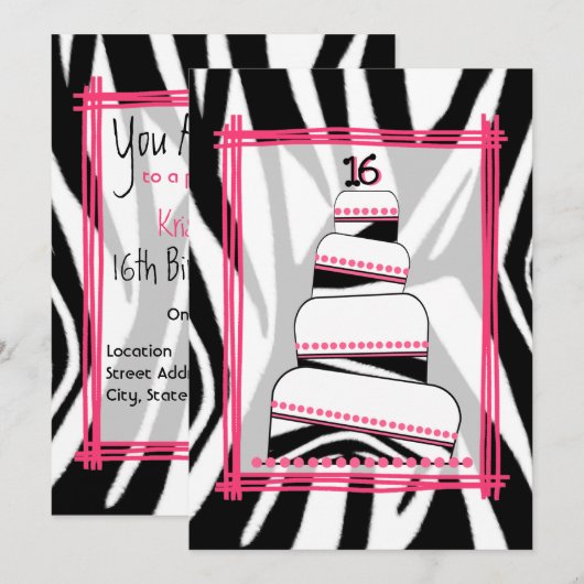 Zebra Print & Roze 16th Birthday Party Invite Kaart (Voorkant / Achterkant)