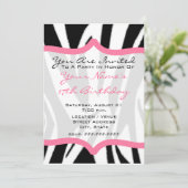 Zebra Print & Roze Birthday Party nodigt uit Kaart (Staand voorkant)