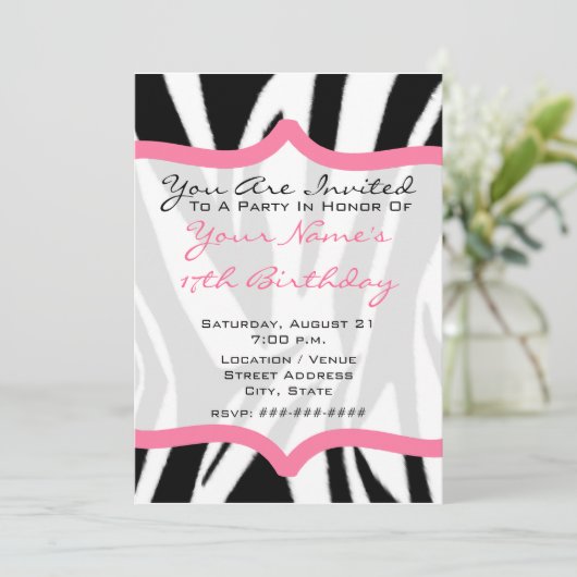 Zebra Print & Roze Birthday Party nodigt uit Kaart (Staand voorkant)