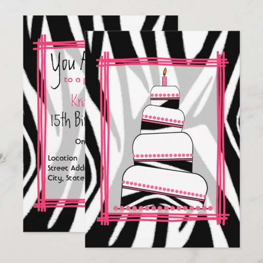 Zebra Print & Roze Birthday Party nodigt uit Kaart (Voorkant / Achterkant)