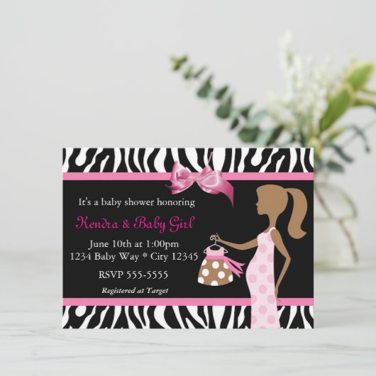 Zebra Print & Roze Bow Mod Moeder Baby Meisje Douc Kaart (Staand voorkant)