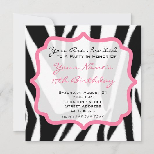 Zebra Print & Roze Cupcake Birthday Party nodigt u Kaart (Voorkant)
