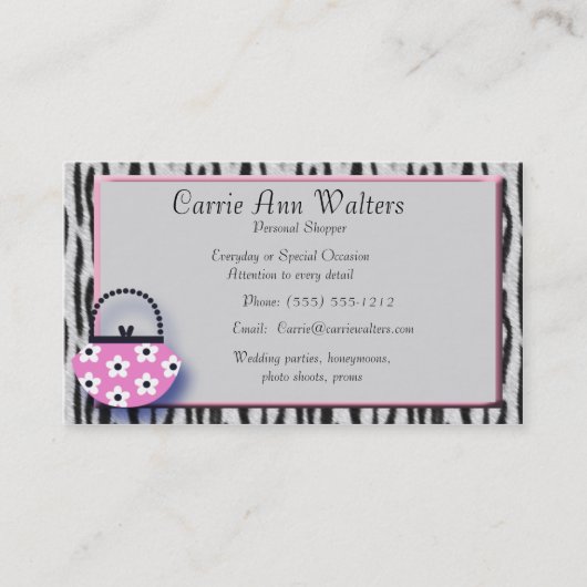 Zebra Print & Roze handtas Mode Visitekaartje (Voorkant)