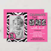 Zebra print roze meisjes eerste verjaardag kaart (Voorkant / Achterkant)