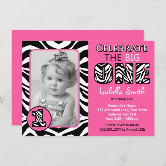 Zebra print roze meisjes eerste verjaardag kaart (Voorkant / Achterkant)