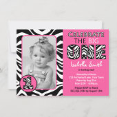 Zebra print roze meisjes eerste verjaardag kaart (Voorkant)