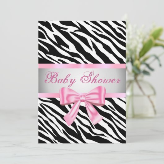 Zebra Print Roze strik Baby shower Uitnodiging (Staand voorkant)