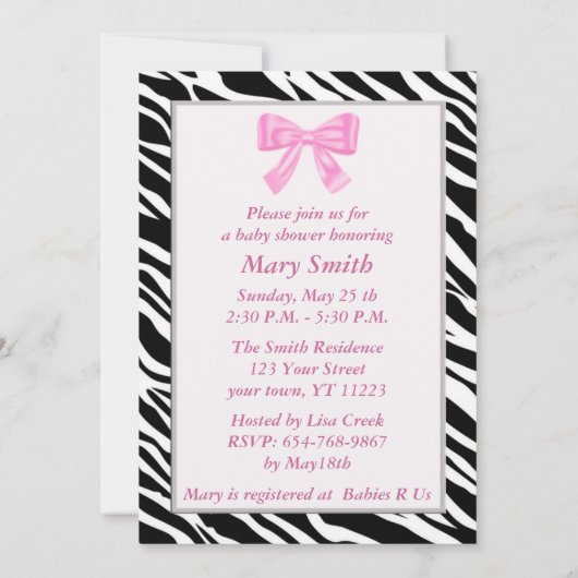Zebra Print Roze strik Baby shower Uitnodiging (Achterkant)