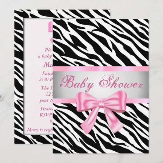 Zebra Print Roze strik Baby shower Uitnodiging (Voorkant / Achterkant)
