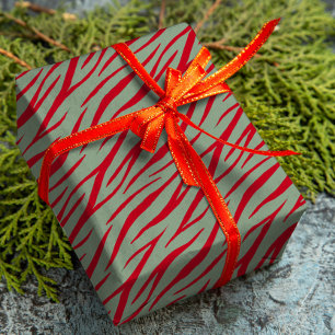 Zebra Print Sage Green Dark Red Modern Kerstmis Cadeaupapier