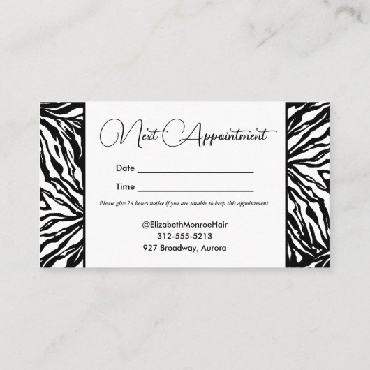 Zebra Print Salon Hair Stylist Make-up Afsprakenkaartje (Achterkant)