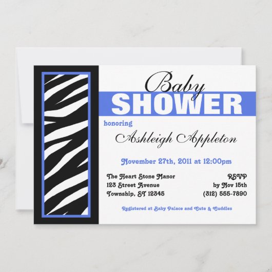 Zebra Print Side Blue Baby Shower Invitaties Kaart (Voorkant)