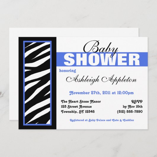 Zebra Print Side Blue Baby Shower Invitaties Kaart (Voorkant / Achterkant)