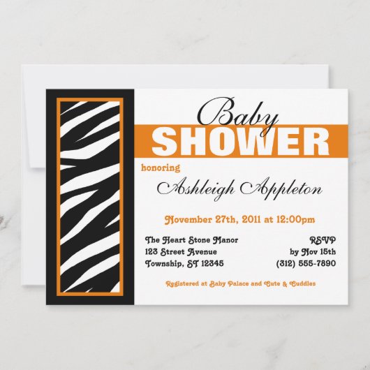 Zebra Print Side Oranje Baby Shower Invitaties Kaart (Voorkant)