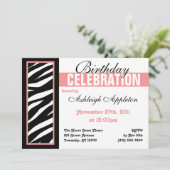 Zebra Print Side Pink Birthday Party Invitations Kaart (Staand voorkant)