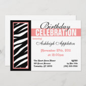 Zebra Print Side Pink Birthday Party Invitations Kaart (Voorkant / Achterkant)