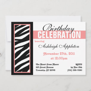 Zebra Print Side Pink Birthday Party Invitations Kaart
