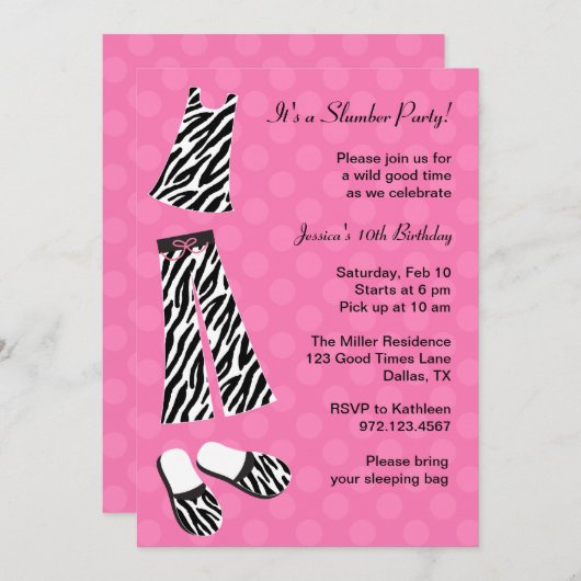 Zebra Print Slumber Party-uitnodigingen Kaart (Voorkant / Achterkant)