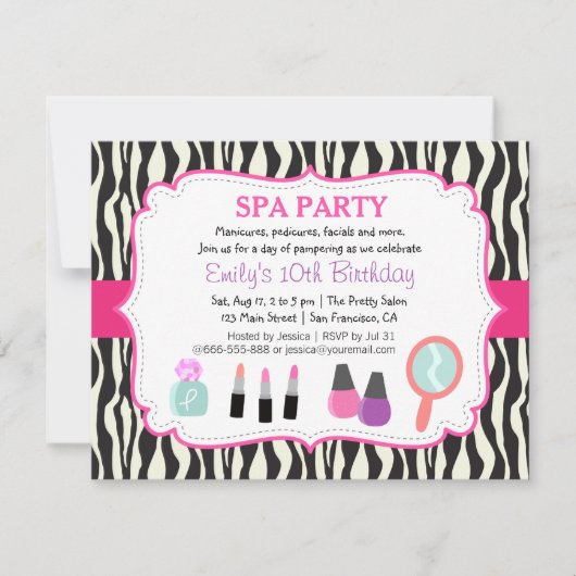 Zebra Print Spa Birthday Party Invitation Kaart (Voorkant)