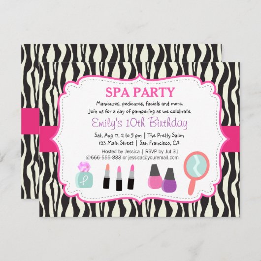 Zebra Print Spa Birthday Party Invitation Kaart (Voorkant / Achterkant)