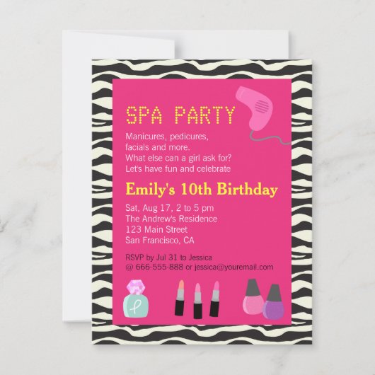Zebra Print, Spa Party, voor meisjes Kaart (Voorkant)