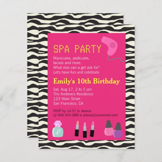 Zebra Print, Spa Party, voor meisjes Kaart (Voorkant / Achterkant)