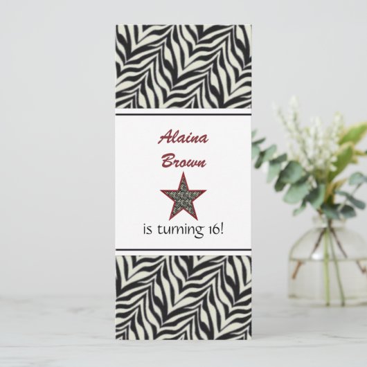 Zebra Print Star Birthday Party Invitation Kaart (Staand voorkant)