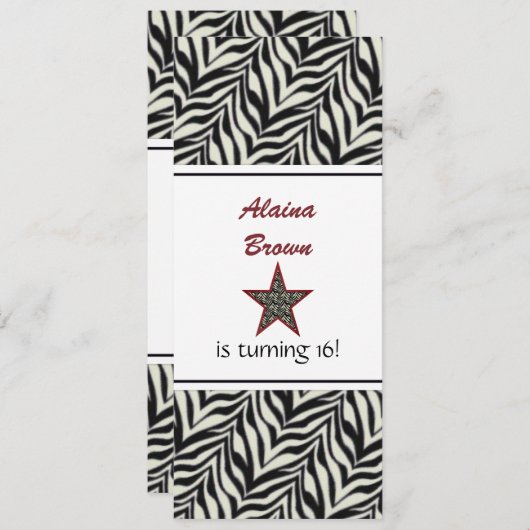 Zebra Print Star Birthday Party Invitation Kaart (Voorkant / Achterkant)