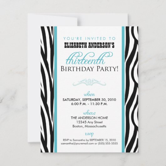 Zebra Print Sweet 13 Party Invitation (aqua) Kaart (Voorkant)