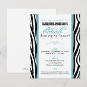 Zebra Print Sweet 13 Party Invitation (aqua) Kaart (Voorkant / Achterkant)