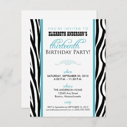 Zebra Print Sweet 13 Party Invitation (aqua) Kaart (Voorkant / Achterkant)