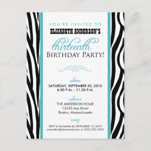 Zebra Print Sweet 13 Party Invitation (aqua) Kaart