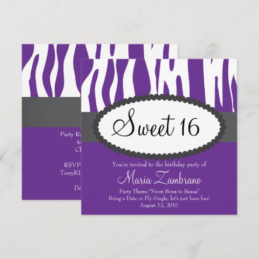 Zebra Print Sweet 16 Birthday Party Invitation Kaart (Voorkant / Achterkant)