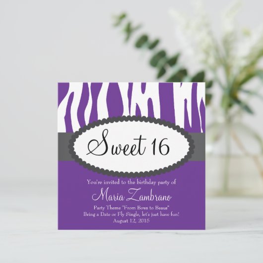 Zebra Print Sweet 16 Birthday Party Invitation Kaart (Staand voorkant)