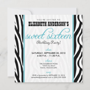 Zebra Print Sweet 16 Party Invitation (aqua) Kaart