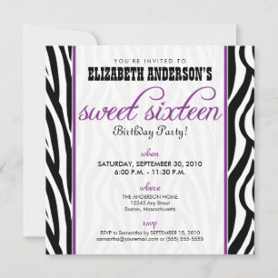 Zebra Print Sweet 16 Party Invitation (paars) Kaart