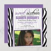Zebra Print Sweet 16 Party Invitation (paarse) Kaart (Voorkant / Achterkant)