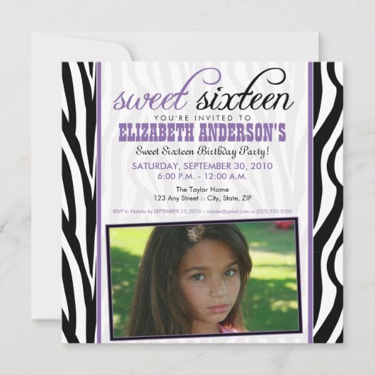 Zebra Print Sweet 16 Party Invitation (paarse) Kaart (Voorkant)