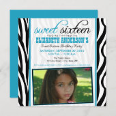 Zebra Print Sweet 16 Party Invitation (waterblauw) Kaart (Voorkant / Achterkant)