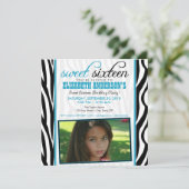 Zebra Print Sweet 16 Party Invitation (waterblauw) Kaart (Staand voorkant)
