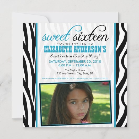 Zebra Print Sweet 16 Party Invitation (waterblauw) Kaart (Voorkant)