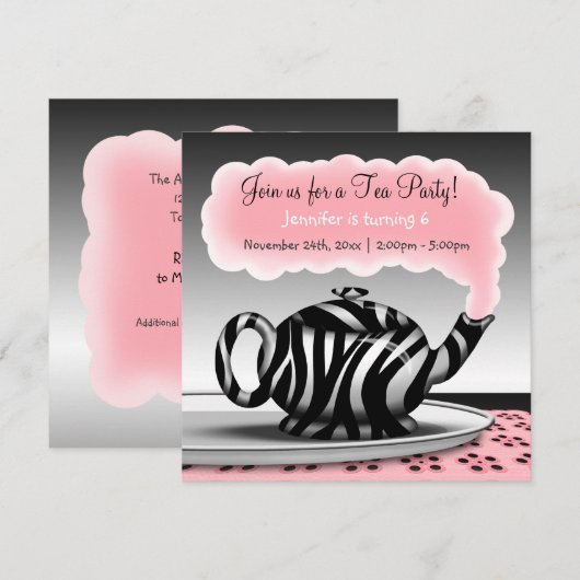 Zebra Print Teapot Tea Party Birthday Invitations Kaart (Voorkant / Achterkant)