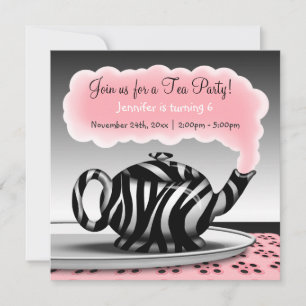 Zebra Print Teapot Tea Party Birthday Invitations Kaart