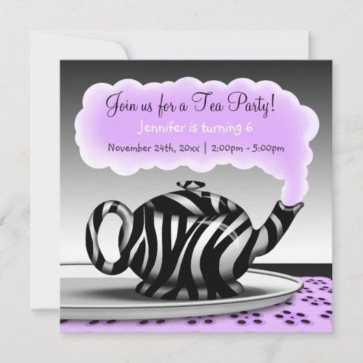Zebra Print Teapot Tea Party Birthday Invitations Kaart (Voorkant)