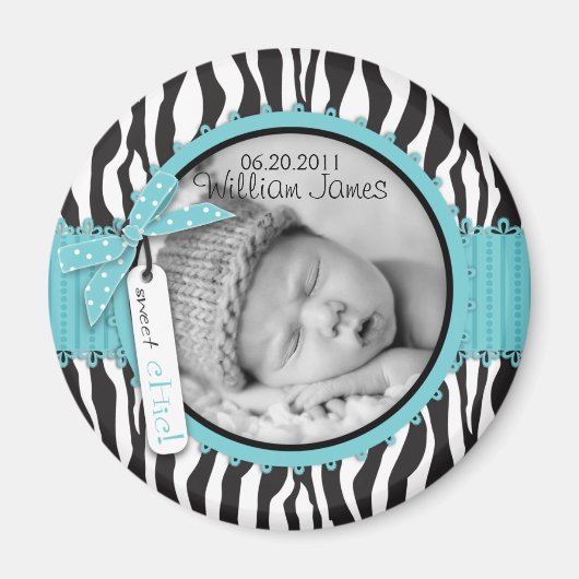 Zebra Print Turquoise Accent Birth Announding Magneet (Voorkant)