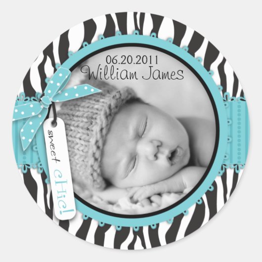 Zebra Print Turquoise Accent Birth Announding Ronde Sticker (Voorkant)