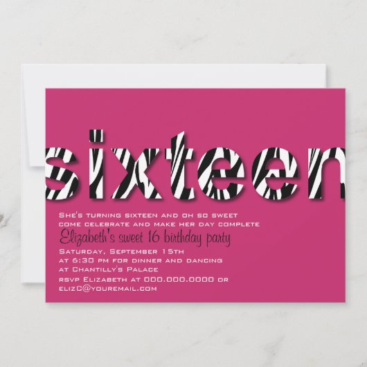 Zebra Print Typography Design Sweet 16 Invitation Kaart (Voorkant)