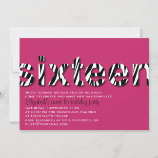 Zebra Print Typography Design Sweet 16 Invitation Kaart
