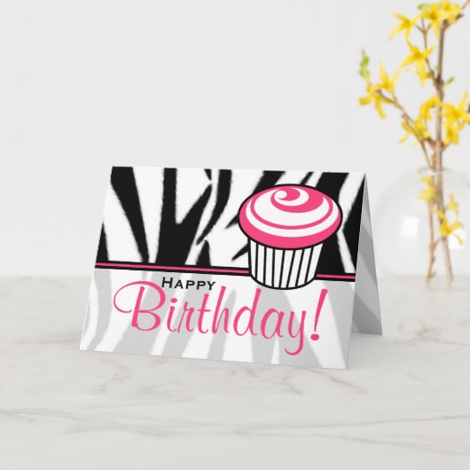 Zebra Print Verjaardag Kaart met Roze Cupcake (Gele Bloem)