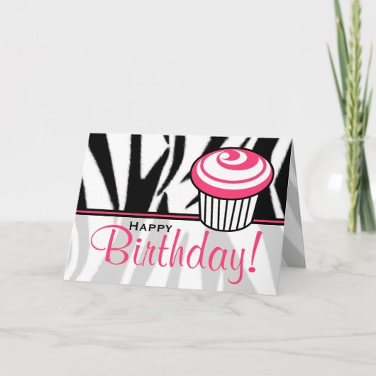 Zebra Print Verjaardag Kaart met Roze Cupcake (Voorkant)